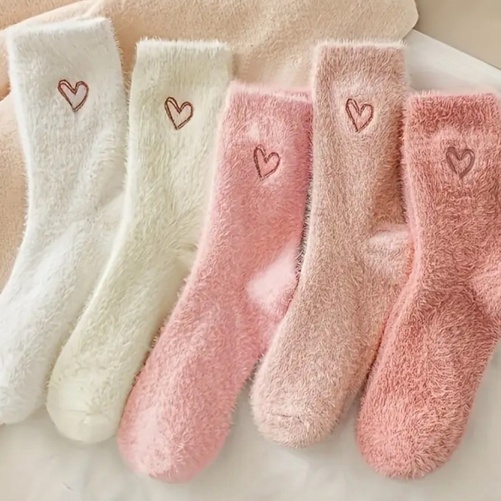 Cozy Heart Embroidered Fuzzy Socks - 5 Pack